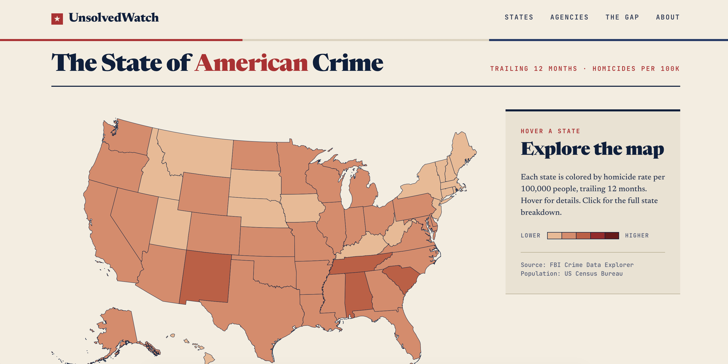 UnsolvedWatch homepage with US crime data map